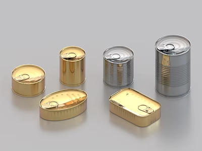 Household Metal Cans In Gold And Silver With Various Sizes And Sealed Lids 3d model