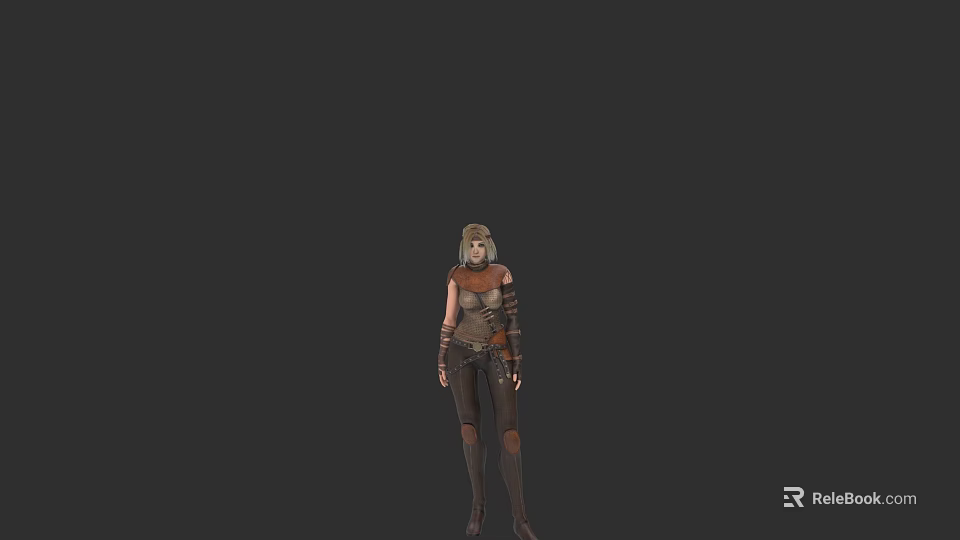 Armored Woman in Leather Combat Gear Standing Against Dark Background 3d model 