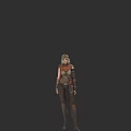 Armored Woman in Leather Combat Gear Standing Against Dark Background
