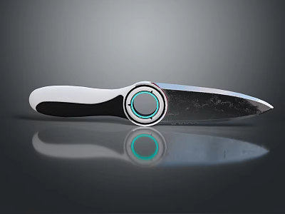 Modern Kitchen Knife With White Black Handle Blue Circular Accent And Metallic Blade 3d model