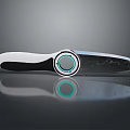 Modern Kitchen Knife With White Black Handle Blue Circular Accent And Metallic Blade