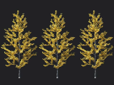 Three Golden Leaf Trees With Lush Foliage On Black Background 3d model