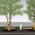 Arbor Trees With Gold Wrapped Trunks And Hanging Round Lights At Sunset By Sea View