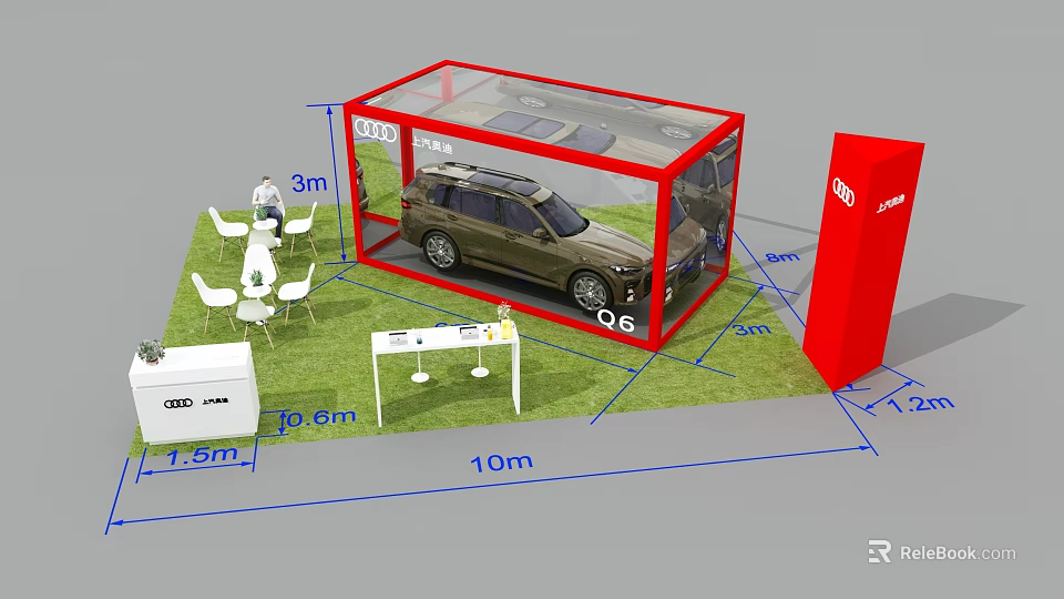 Outdoor Car Display Area With Transparent Shelter Dimension Labels And White Chairs 3d model 