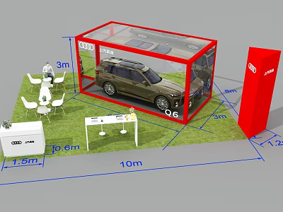 Outdoor Car Display Area With Transparent Shelter Dimension Labels And White Chairs 3d model