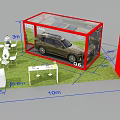 Outdoor Car Display Area With Transparent Shelter Dimension Labels And White Chairs