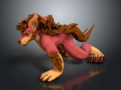 3D Rendered Fantasy Creature With Pink Body Brown Mane And Sharp Claws In Crouching Pose 3d model