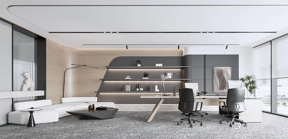 Modern Office Interior Design With Open Layout Desk Chairs Shelves And Sofa 3d model 