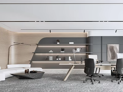 Modern Office Interior Design With Open Layout Desk Chairs Shelves And Sofa 3d model