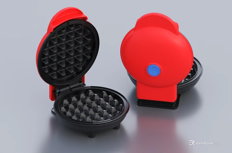 Red Waffle Maker With Open And Closed Design Featuring Grid Pattern And Blue Button 3d model