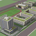 Modern School Buildings with Green Roofs Connected Structures Sports Field Surrounding Trees and Roads