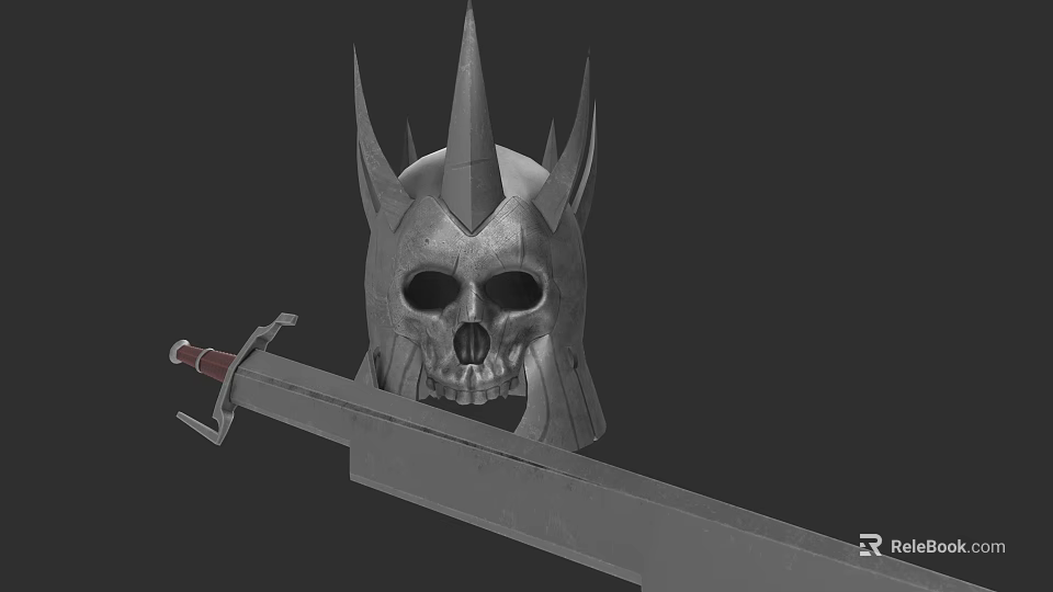 Medieval Weapon Display With Spiked Skull Helmet And Long Sword Red Handle 3d model 