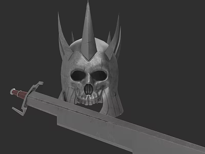 Medieval Weapon Display With Spiked Skull Helmet And Long Sword Red Handle 3d model
