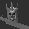 Medieval Weapon Display With Spiked Skull Helmet And Long Sword Red Handle