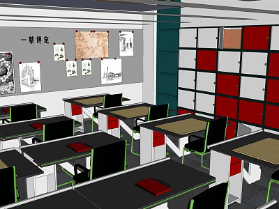 School Classroom Interior With Desks Chairs Wall Posters And Storage Cabinets 3d model