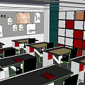 School Classroom Interior With Desks Chairs Wall Posters And Storage Cabinets