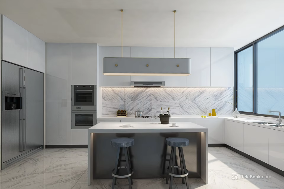 Chandelier Above Modern Kitchen Island With White Cabinets And Marble Backsplash 3d model 