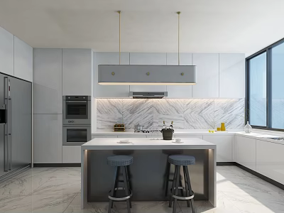 Chandelier Above Modern Kitchen Island With White Cabinets And Marble Backsplash 3d model