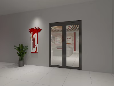 Modern Entrance With Glass Door Red Sign Green Plant And White Walls 3d model