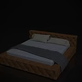Brown Tufted Leather Double Bed With White Mattress Gray Plaid Blanket And White Pillows