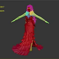 Woman with Long Golden Hair in Red Layered Dress Arms Outstretched on Shiny Floor