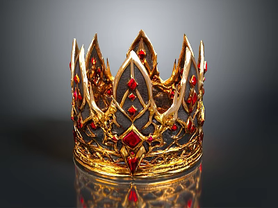 Ornate Golden Crown Adorned With Red Gemstones For Home Decoration 3d model