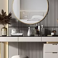 Dressing Table with Round Mirror Vase Dried Flowers Drawers Stool Striped Wall and Wall Lamp