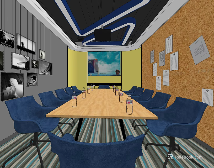 Modern Conference Room Featuring Long Wooden Table Blue Chairs Corkboard Projection Screen And Striped Carpet 3d model 