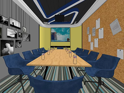 Modern Conference Room Featuring Long Wooden Table Blue Chairs Corkboard Projection Screen And Striped Carpet 3d model