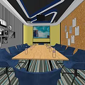 Modern Conference Room Featuring Long Wooden Table Blue Chairs Corkboard Projection Screen And Striped Carpet