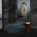 Luxury Bathtub with Water Rose Petals Wooden Side Table Green Plant Artwork on Dark Wall