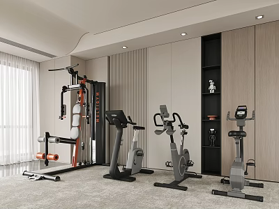 Modern Home Gym Setup Featuring Treadmill Exercise Bike And Fitness Equipment 3d model