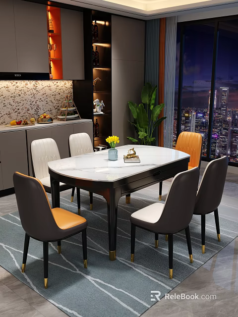 Modern Restaurant Dining Area With White Marble Table Gray Orange Chairs Potted Plant And Night View 3d model 