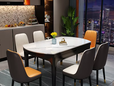 Modern Restaurant Dining Area With White Marble Table Gray Orange Chairs Potted Plant And Night View 3d model