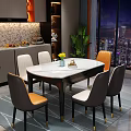 Modern Restaurant Dining Area With White Marble Table Gray Orange Chairs Potted Plant And Night View