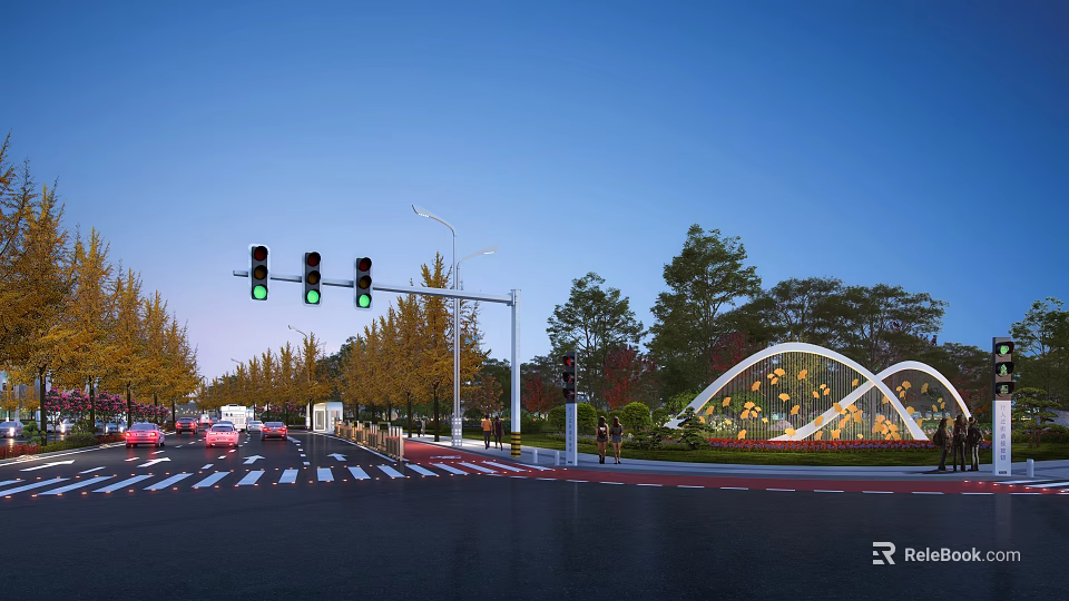 Urban Road Facilities With Traffic Lights Street Lamps Zebra Crossing And Evening Scene 3d model 