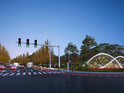 Urban Road Facilities With Traffic Lights Street Lamps Zebra Crossing And Evening Scene 3d model