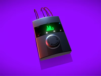 Modern Digital Device with Red Cables Green Indicator Lights and Circular Knob on Purple Background 3d model