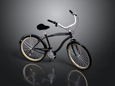 Vintage Black Cruiser Bike With White Handlebars And Gold Rims On Shiny Surface 3d model