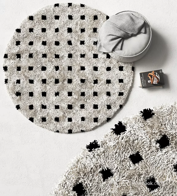 Soft Round Rug With Black Square Pattern On White Floor And Decorative Accents 3d model 