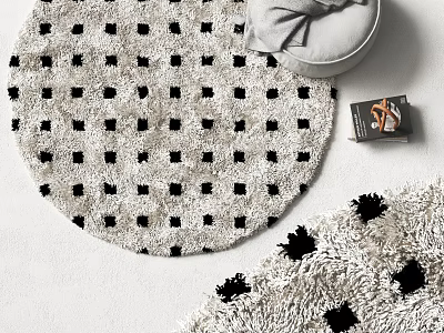 Soft Round Rug With Black Square Pattern On White Floor And Decorative Accents 3d model