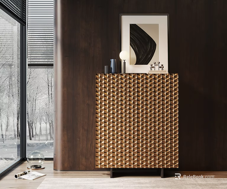 Elegant Modern Entryway Console Cabinet With Woven Texture Decorative Items And Natural Light Through Window 3d model 