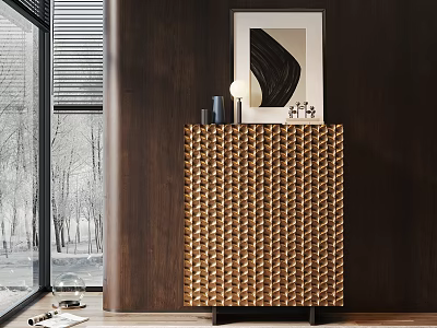 Elegant Modern Entryway Console Cabinet With Woven Texture Decorative Items And Natural Light Through Window 3d model