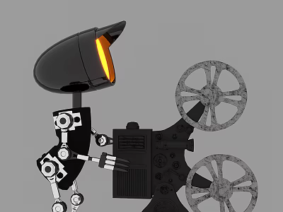 Smart Machine With Mechanical Arm Operating Film Reels And Orange Light 3d model