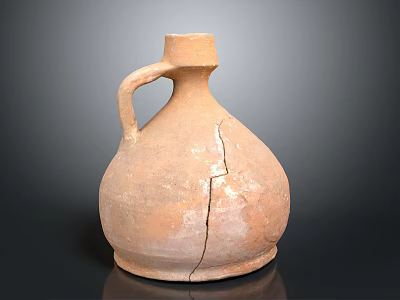 Hand Carved Terracotta Ceramic Jar Sculpture With Handle And Cracked Surface 3d model