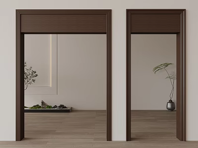 Dark Wooden Door Frames In Indoor Scene With Wooden Floor Light Walls And Plants 3d model