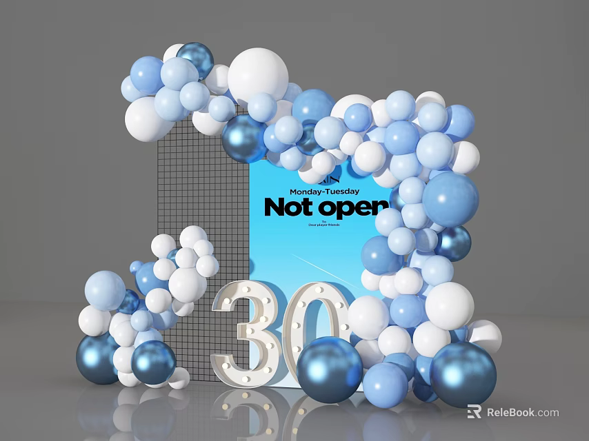 Blue and White Balloon Arch Photo Check-in Spot With Not open Sign And Number 30 3d model 