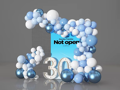 Blue and White Balloon Arch Photo Check-in Spot With Not open Sign And Number 30 3d model