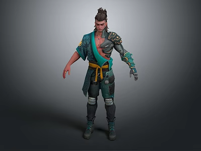 Male Warrior Character With Tattered Blue Green Outfit Yellow Sash Armored Legs And Spiked Hair 3d model
