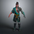 Male Warrior Character With Tattered Blue Green Outfit Yellow Sash Armored Legs And Spiked Hair